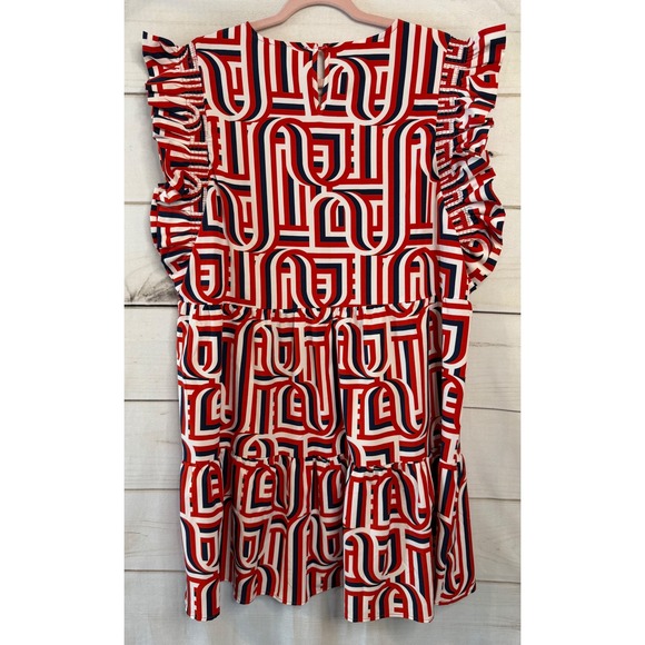 Michelle McDowell XL Red White Blue Geometric Ruffle Sleeve Tiered Mini Dress - Picture 5 of 5